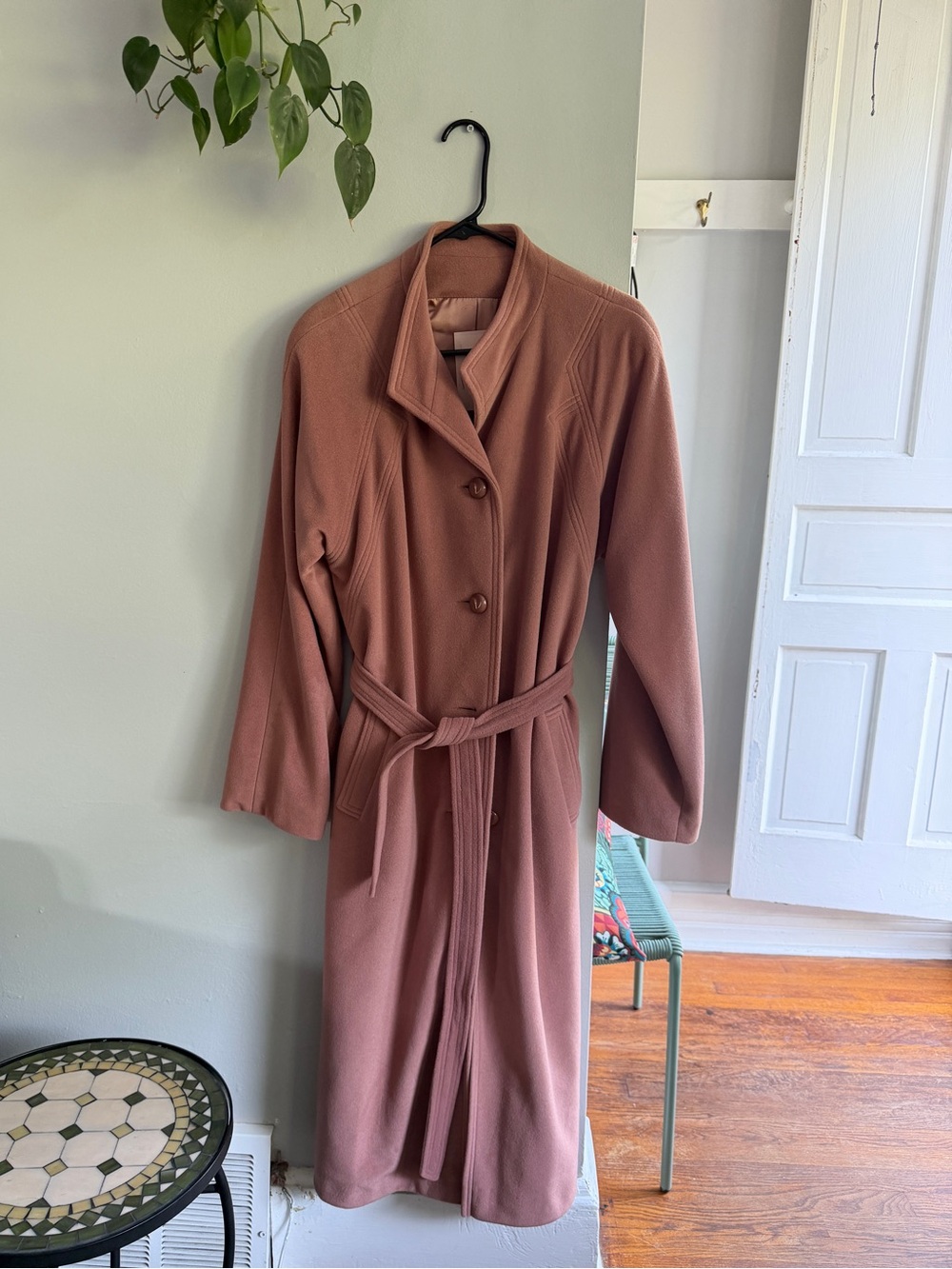Vintage Long Belted Wool Coat, Dusty Rose